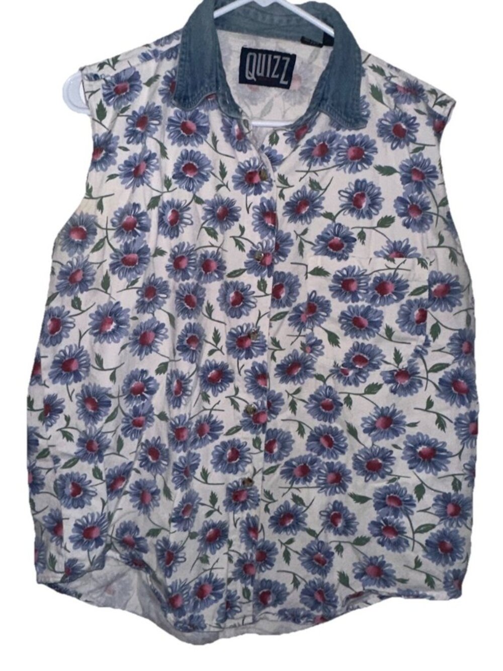 VTG 90s Quizz Womens Sleeveless Button Up Shirt Sz L White Blue Floral Cottage